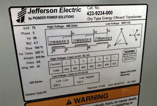 Jefferson Electric 423-9234-000 Transformer 75 KVA Dry Type 3 Ph 480V ...