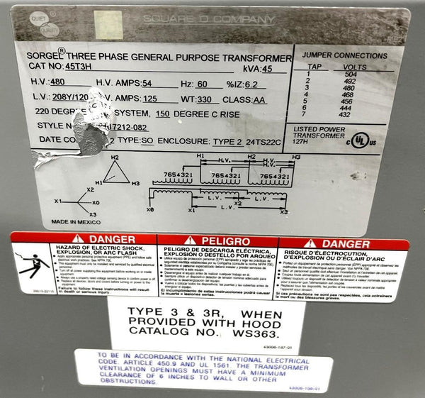 Square D 45T3H 45 KVA Transformer Dry Type 480V To 208/120V 3 Phase ...