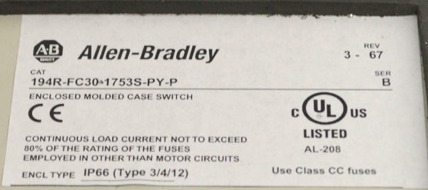 Allen Bradley 194r-fc30-1753s-py-p Disconnect Switch W Enclosure 30 Amp 