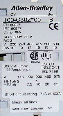 Allen-bradley 100-c30Z*00 Series B Contactor 45 Amps 600V Ac