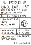 Pushmatic Underwriters Laboratories 46011 Circuit Breaker 092099 P230 120-240V