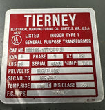 Tierney XCL100-17V13H115 Transformer 1 KVA 240/480V HV 120/240V LV Single Phase