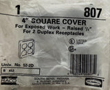 Hubbell 52-2D Square Cover 4" Raised 1/2" For 2 Duplex Receptacles