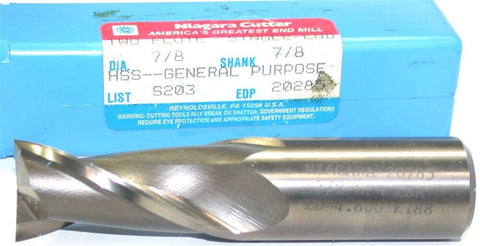 Niagara 20285 7/8" diameter 7/8" Shank 2 Flute HSS End Mill New