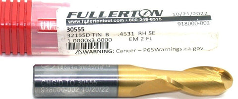 Fullerton 30555 29/64" (4531") Diameter 2 Flute Tin coated Carbide Ball End Mill