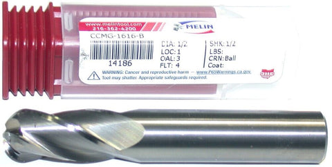 Melin CCMG-1616-B 1/2" Diameter 1/2" Shank 4 Flute Carbide Ball End Mill New