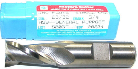 Niagara 20234 23/32" diameter 3/4" Shank 2 Flute HSS End Mill New