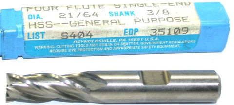 Niagara 35109 21/64" diameter 3/8" Shank 4 Flute HSS End Mill New