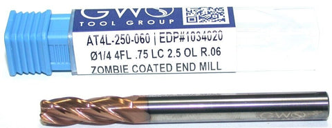 GWS 1034020 1/4" Diameter 1/4" Shank 4 Flute .06" Radius Carbide End Mill