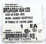 Brad Harrison 8R3A00A16A120 Micro-Change Receptacle 3-Pole Female 12" #18 Leads