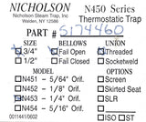 Nicholson N453 Thermostatic Steam Trap 3/4" NPT 450PSIG 600°F Max 1/4" Orif.