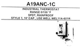 Johnson Controls A19ANC-1C Industrial Thermostat 0/150°F Range Style 1