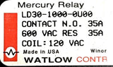 Watlow LD30-1000-0U00 Mercury Relay 600VAC 35A 120VAC Coil Bracket Mounted