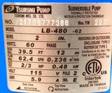 Tsurumi Pump LB-480-62 Submersible Dewatering Pump 2" Bore 115V 60HZ 2/3HP 1PH