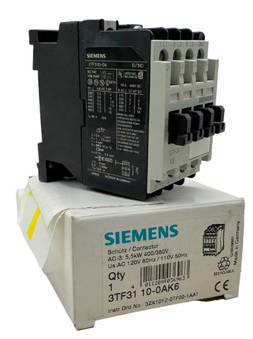 Siemens 3TF31 10-0AK6 Contactor 5.5kW 400/380V Us: AC 120V 60Hz / 110V 50Hz