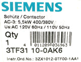 Siemens 3TF31 10-0AK6 Contactor 5.5kW 400/380V Us: AC 120V 60Hz / 110V 50Hz