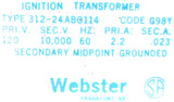 Webster 312-24AB0114 Ignition Transformer G98Y 60Hz Secondary Midpoint Grounded