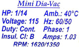 Dia-Vac M162-BT-AA1 Air Pump 1/14 HP 115V 50/60HP 1.03A