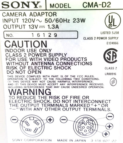 Sony CMA-D2 Camera Adaptor Input 120V 50-60Hz 23W Output 13V 1.3A Class 2