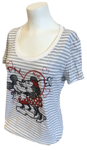 Disney Women's Mickey Mouse & Minnie Mouse White Striped Short Sleeve Shirt M