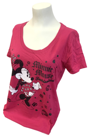 Disney Women's Minnie Mouse Fashionista Pink Short Sleeve Shirt Size Medium