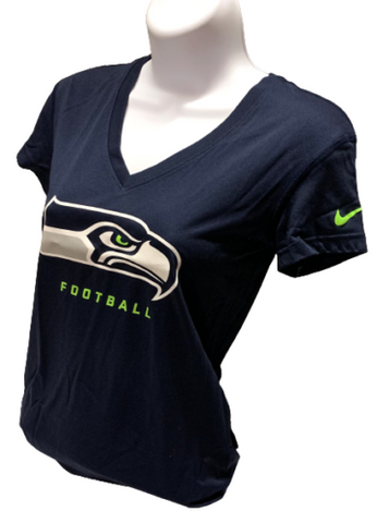 Nike Dri Fit Women's Seattle Seahawks Navy Short Sleeve Shirt NFL V-Neck T-Shirt