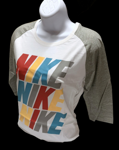 Nike Women's "Nike, Nike, Nike" White / Gray Shirt 3/4 Sleeve T-Shirt