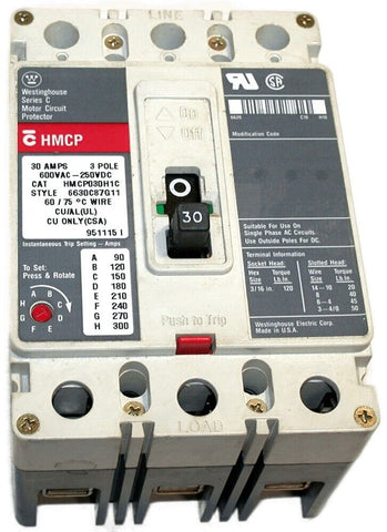 Eaton Circuit Breaker 3 Pole 30A 600V 250 VDC HMCP030H1C New