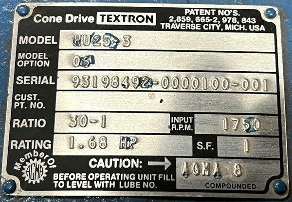 Textron HU25-3 Cone Drive Speed Reducer 1.68 HP 1750 Input RPM 30-1 ...