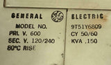 General Electric 9T51Y6809 Transformer 600 Volts 0.150 KVA