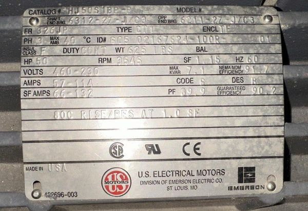 US Electrical Motors Emerson HJ50S1BP-P Motor 50 HP 3545 RPM 230/460V 3 ...