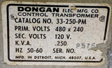 Dongan Electric 33-250-PM Control Transformer 480 X 240 Volts 0.250 KVA