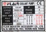 Flair MC-4 Immersion Coolant Pump 2 Pole .25 HP 3 Phase 1.1A 220/240V