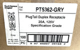 Pass & Seymour Legrand PT5362-GRY PlugTail Duplex Receptacle 20A 125VAC -100 Box