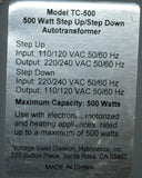 HYBRINETICS INC. TC-500 STEP UP/STEP DOWN AUTOTRANSFORMER 500 WATTS