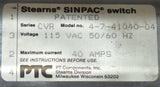 PTC 4-7-41040-04 STEARNS SINPAC SWITCH 115 VAC 40 AMPS