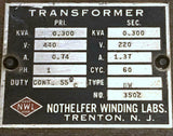 Nothelfer Winding Labs 3502 Transformer 0.300 KVA 440 Volts 1 Phase