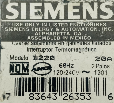 Siemens B220 2 Pole Circuit Breaker 20A 120/240VAC 60HZ 1 PH Bolt-On ...