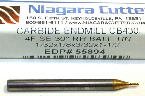 Up to 3 New Niagara Carbide 1/32 Diameter 4 Flute TiN Coat Ball End Mills 55894