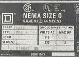 Square D Class 8502 SB0 1 NEMA Size 0 Contactor 1 PH 115/230VAC 1-2 HP