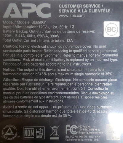 APC Back-UPS 650VA UPS Battery Backup & Surge Protector (BE650G1)